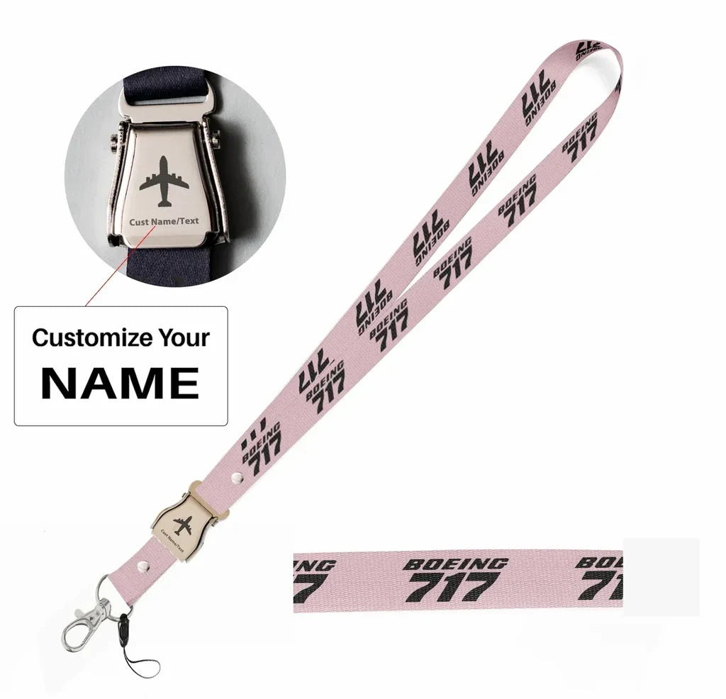 Boeing 717 & Text seat belt lanyard - pink with name