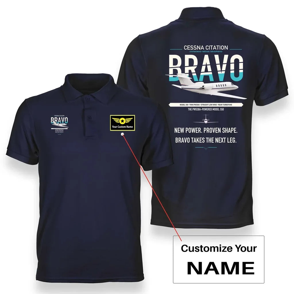 Cessna Citation Bravo design on navy blue+name double-side polo t-shirt, double-side print
