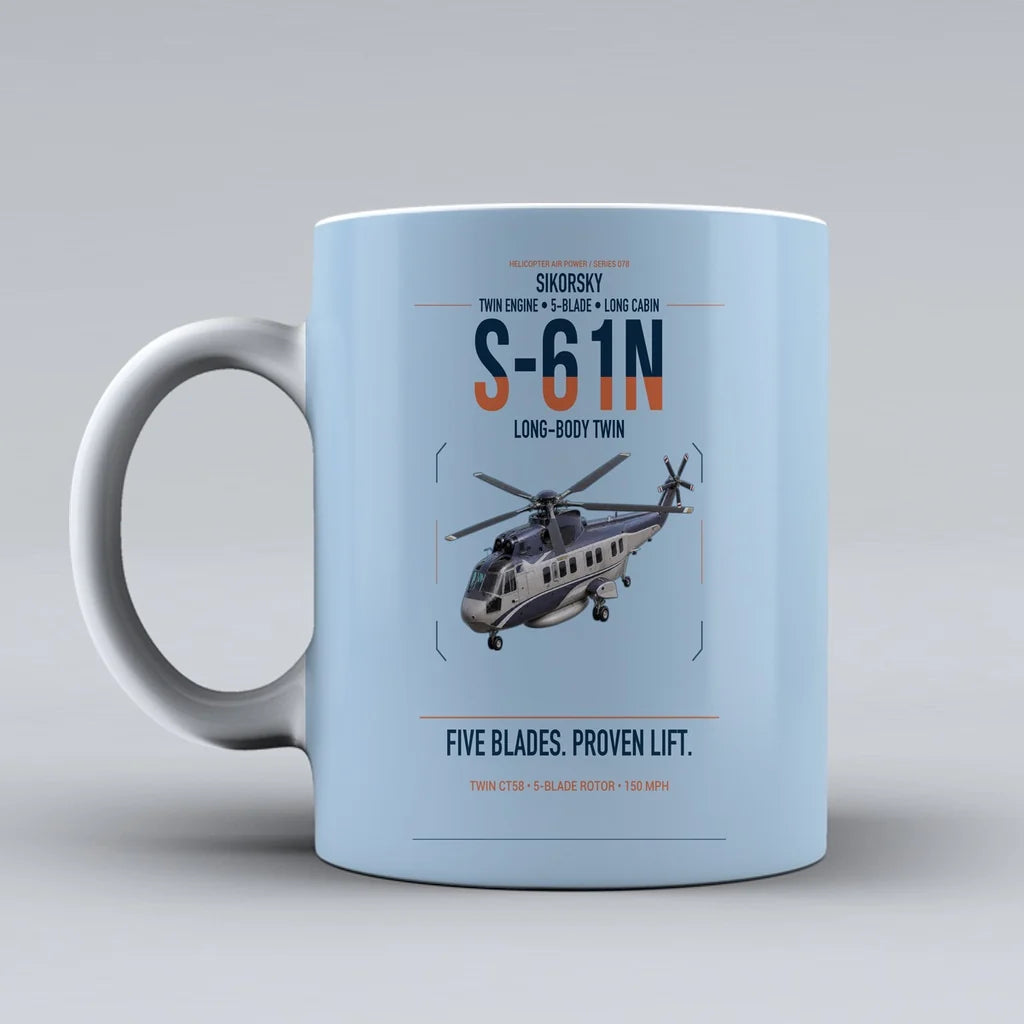 Sikorsky S-61N design on light blue ceramic mug, double-side print