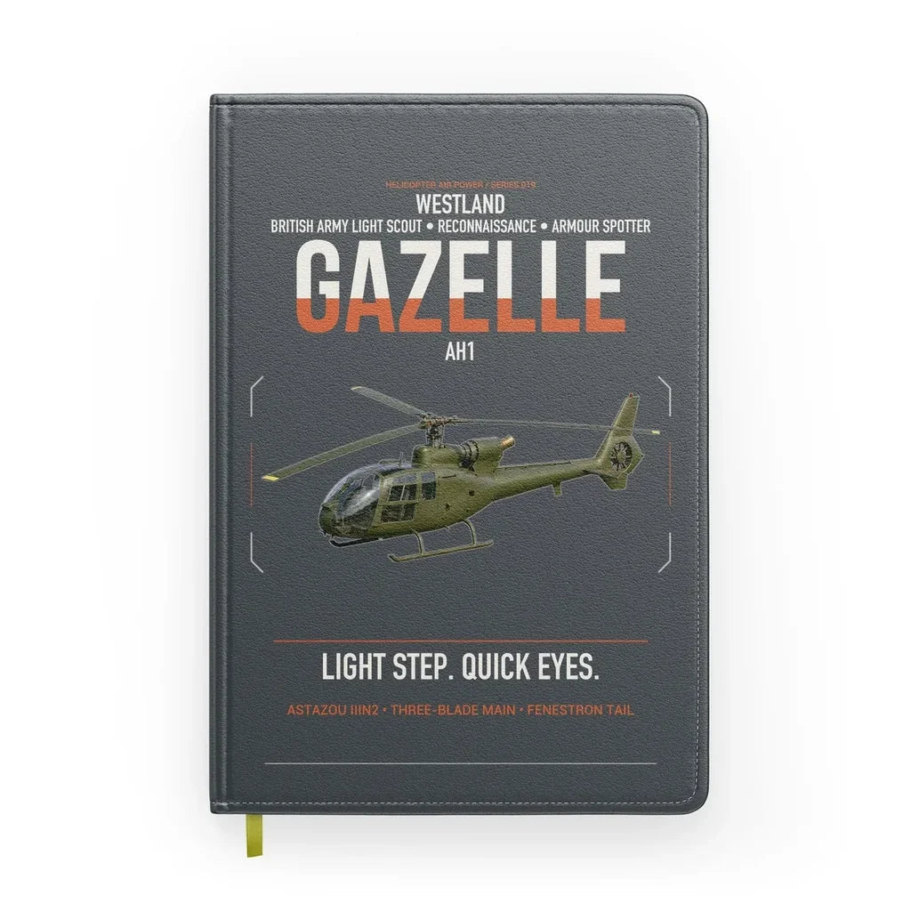 Westland Gazelle AH1 design on gray notebook