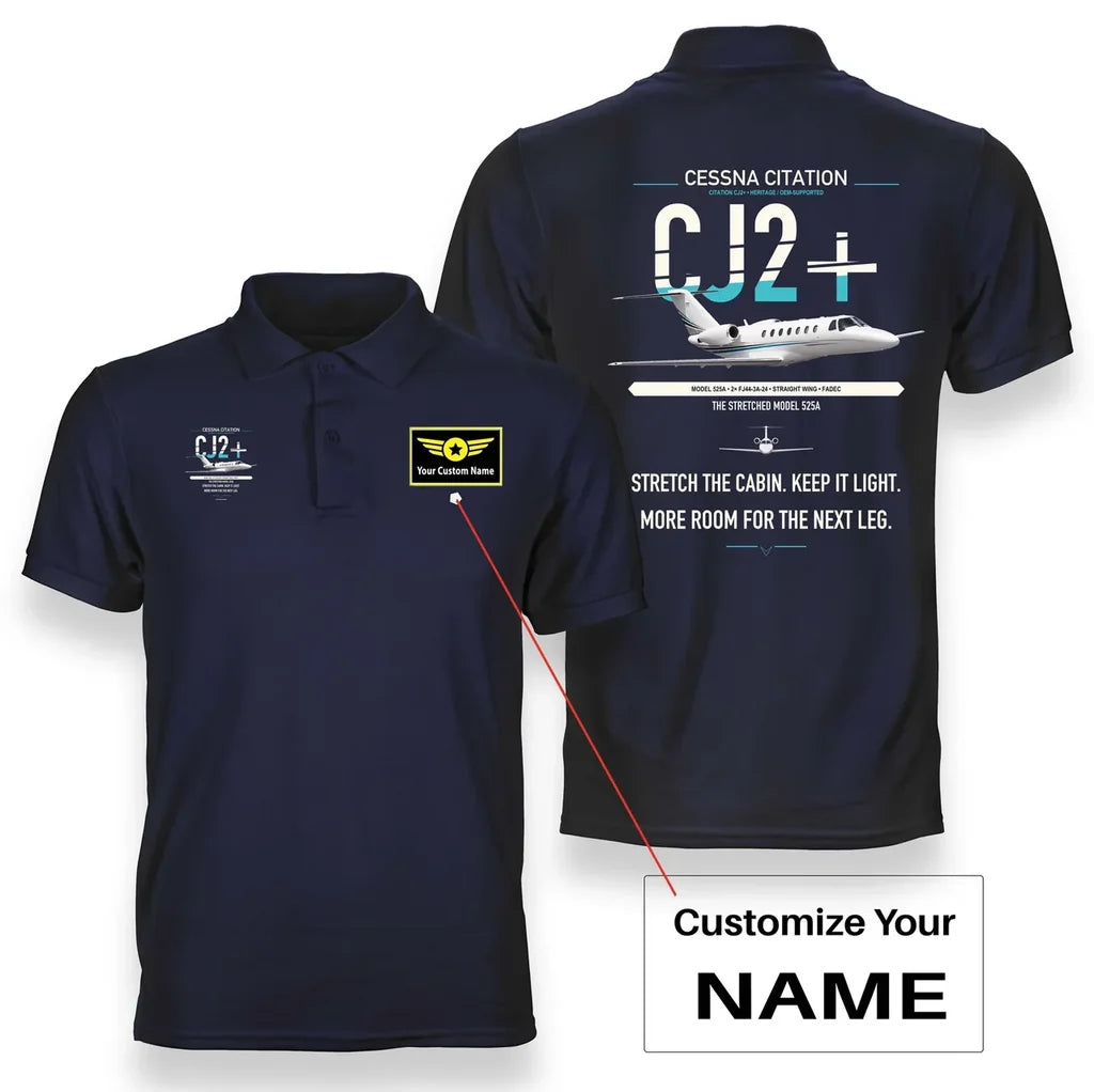 Cessna Citation CJ2+ design on navy blue+name double-side polo t-shirt, double-side print