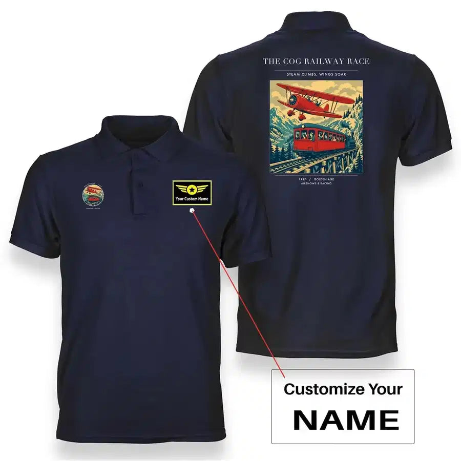 VINTAGE G4347 - The Cog Railway Race - Double-Side Polo T-Shirt design on navyblue+name
