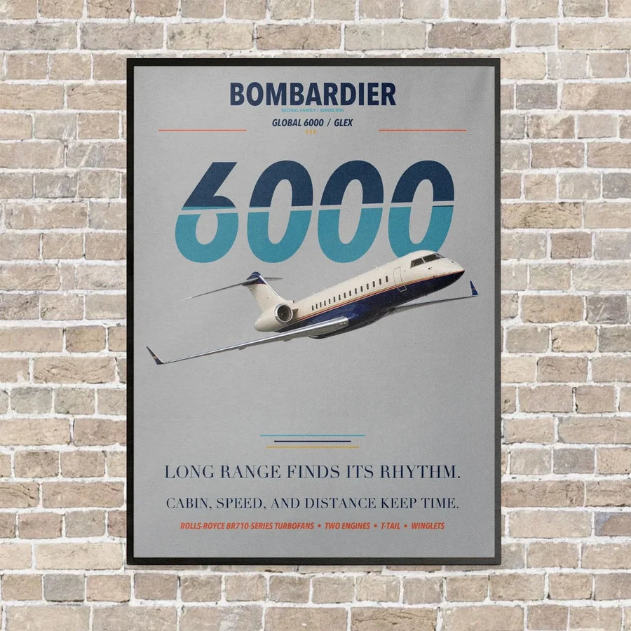 Bombardier Global 6000 vertical canvas print - framed - light gray background