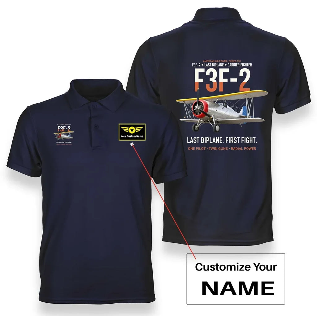F3F-2 LAST BIPLANE design on navy blue polo with custom name badge