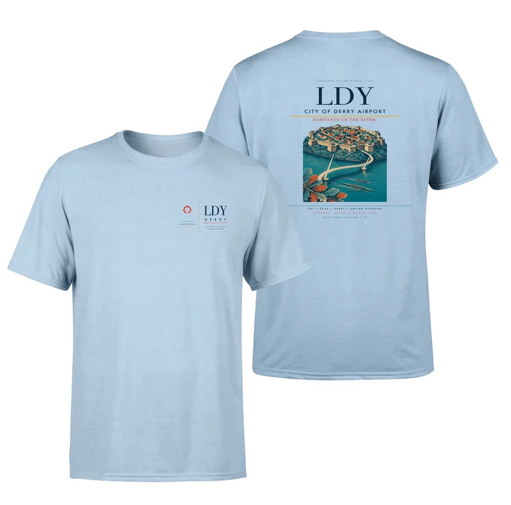 City of Derry Airport (LDY) design printed on light blue double-side t-shirt