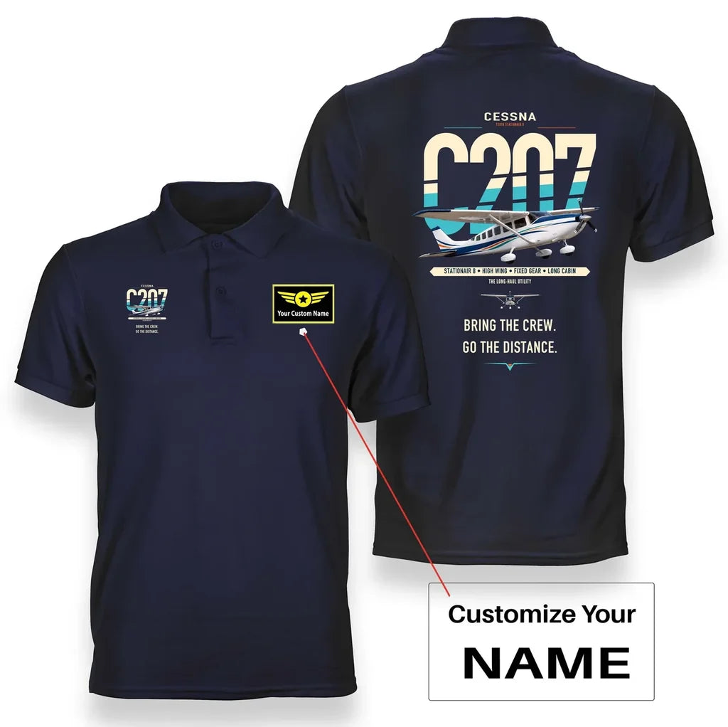 Cessna T207A Stationair 8 design on navy blue+name double-side polo t-shirt, double-side print