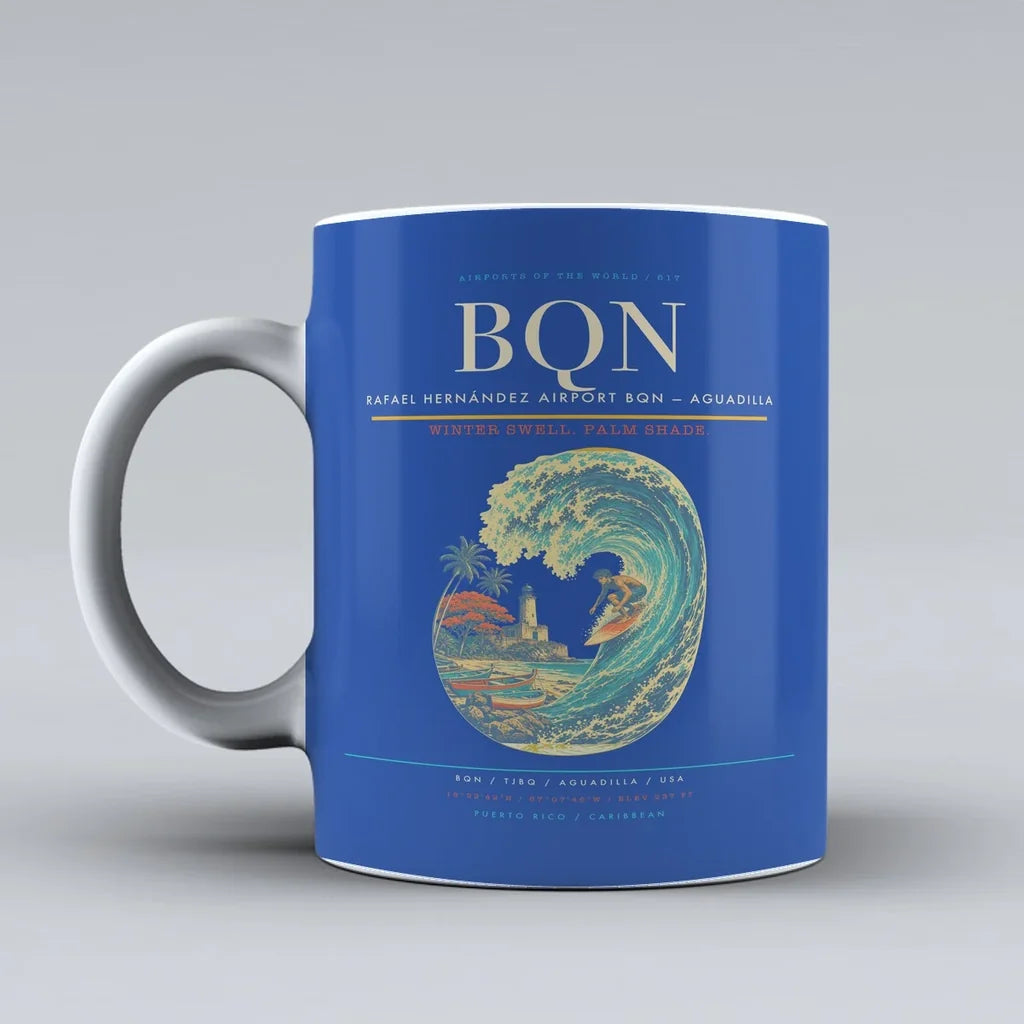 Rafael Hernández Airport (BQN) airport code design on blue ceramic mug