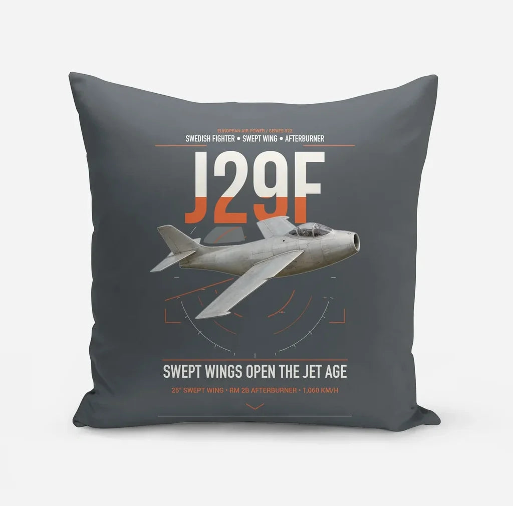 Saab J 29F Tunnan design on gray pillow
