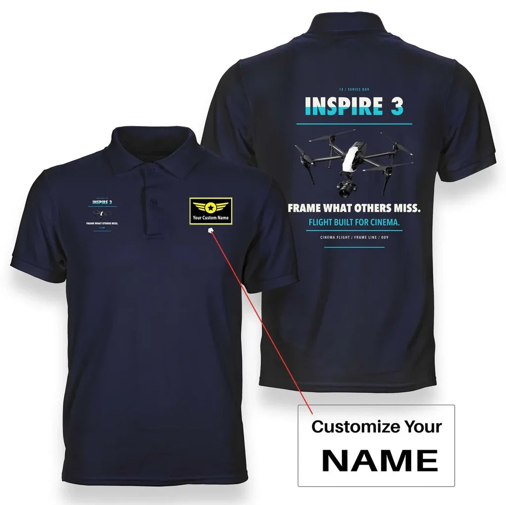 DJI Inspire 3 design on navy blue polo with custom name badge