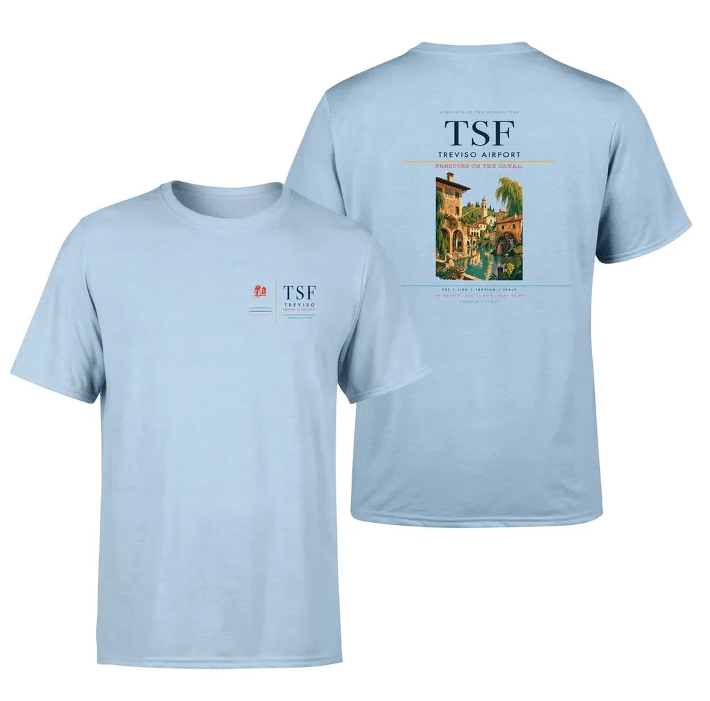 Treviso Airport (TSF) design printed on light blue double-side t-shirt