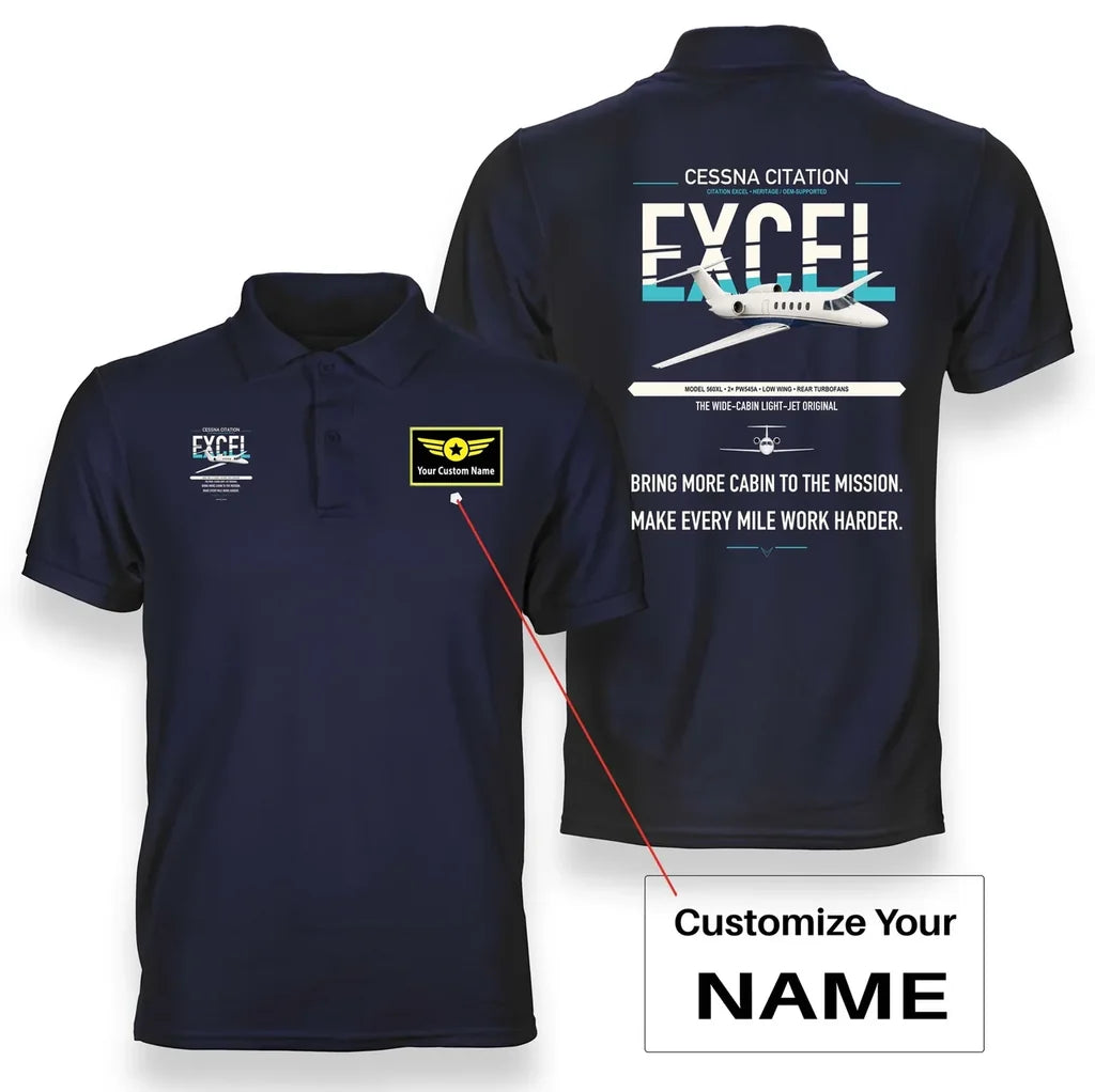 Cessna Citation Excel design on navy blue+name double-side polo t-shirt, double-side print