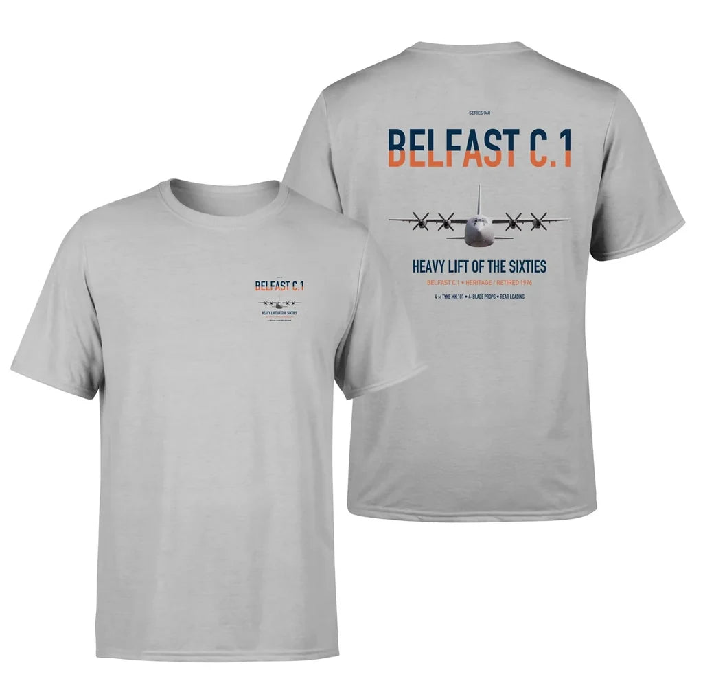 Short Belfast C.1 design on light gray double-side t-shirt, double-side print