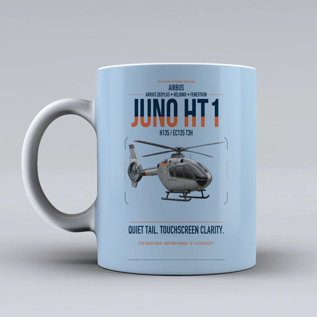 Airbus H135 Juno HT1 design on light blue ceramic mug, double-side print