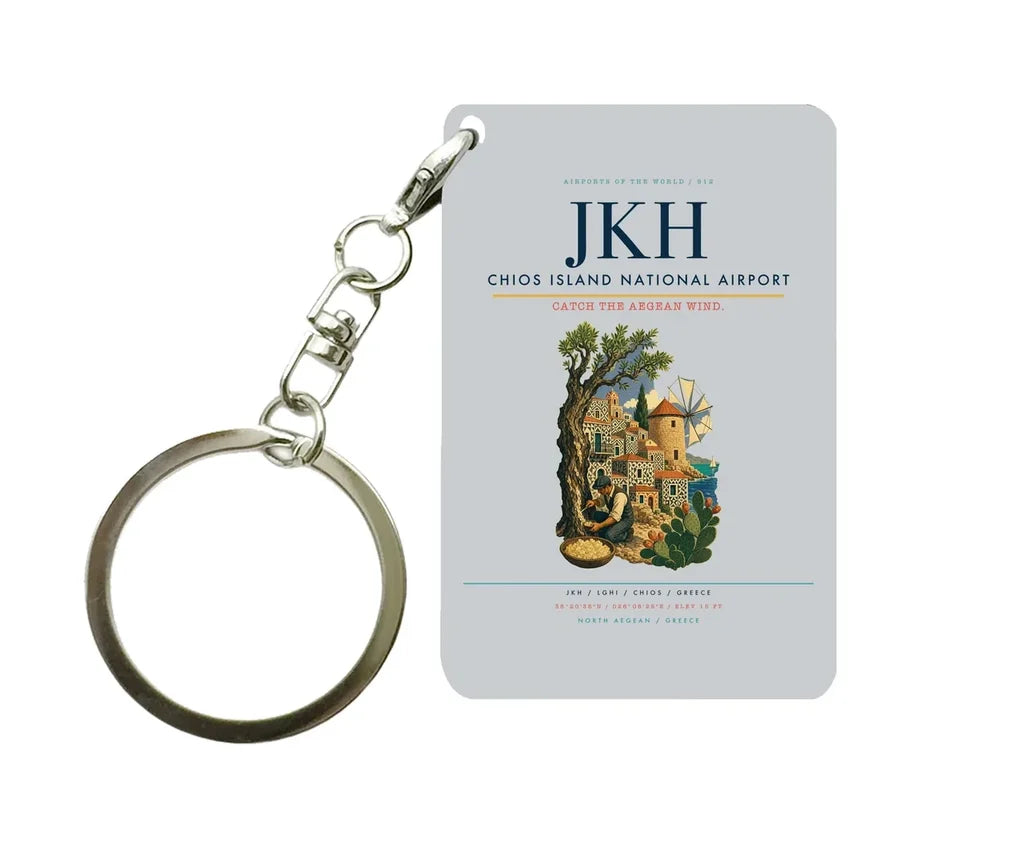 Chios Island National Airport (JKH) design on light gray key chain
