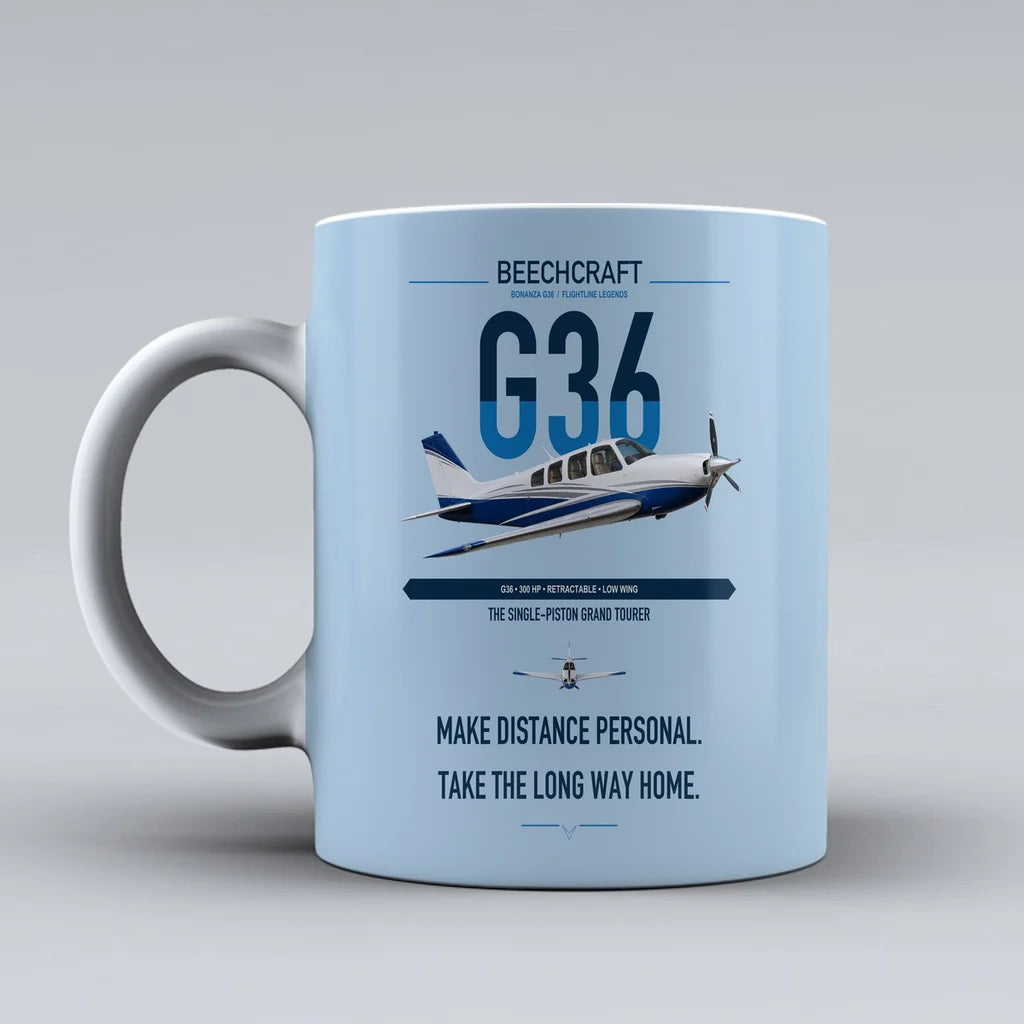 Beechcraft Bonanza G36 design on light blue ceramic mug, double-side print