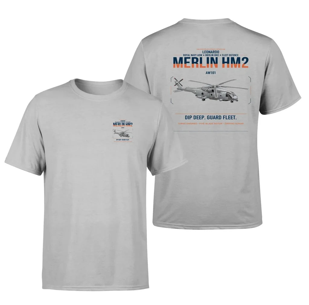 Leonardo AW101 Merlin HM2 design on light gray t-shirt, double-side print