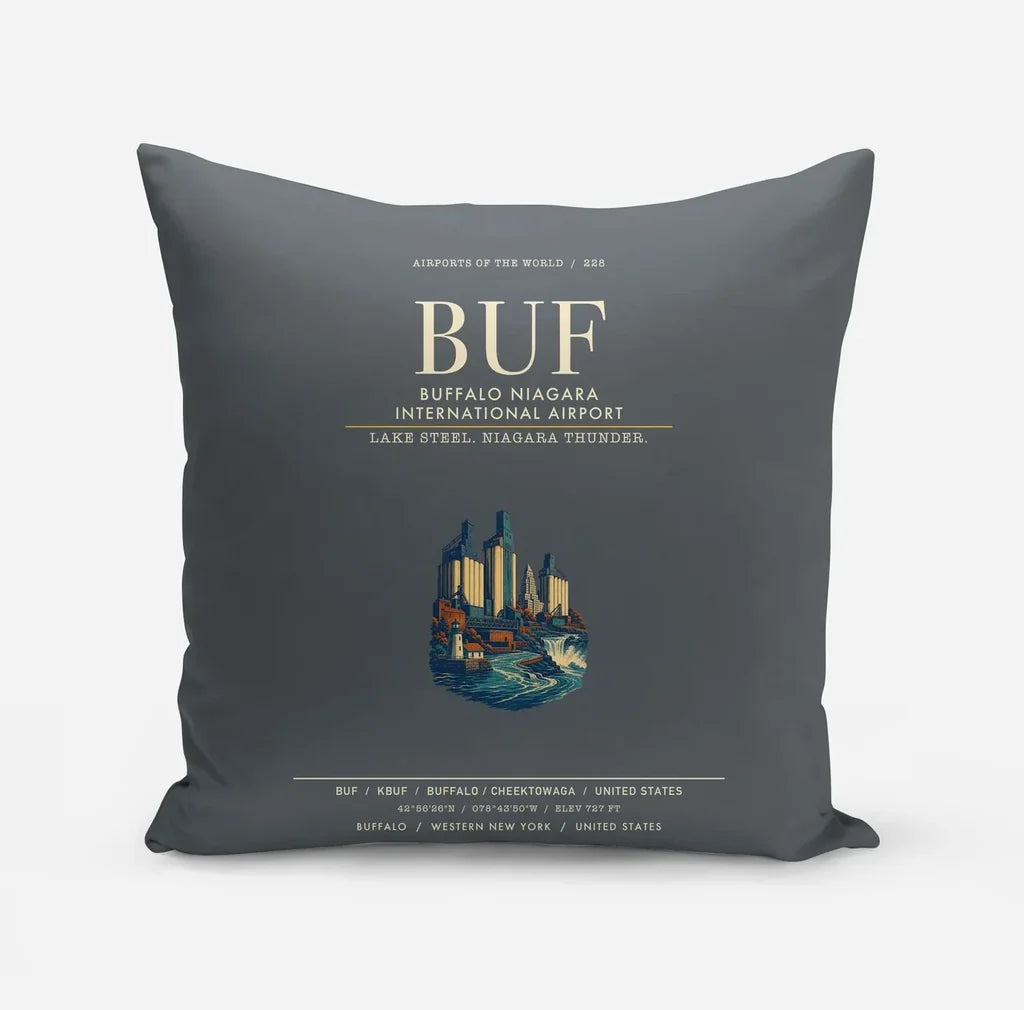 Buffalo Niagara International Airport (BUF) design on gray pillow