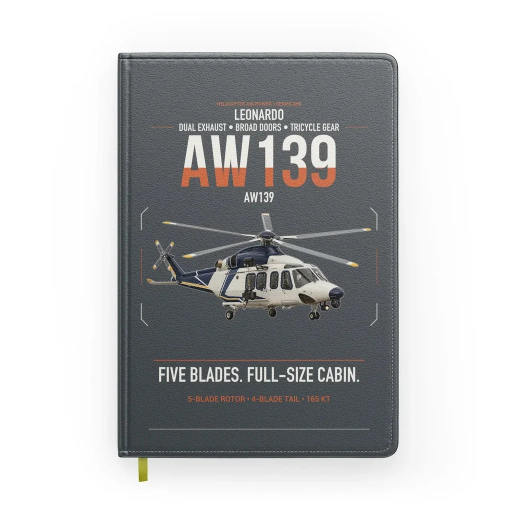 Leonardo AW139 design on gray notebook