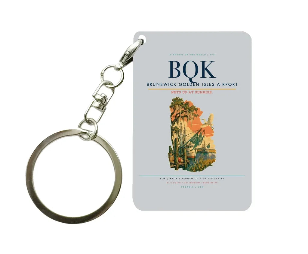 Brunswick Golden Isles Airport (BQK) design on light gray key chain