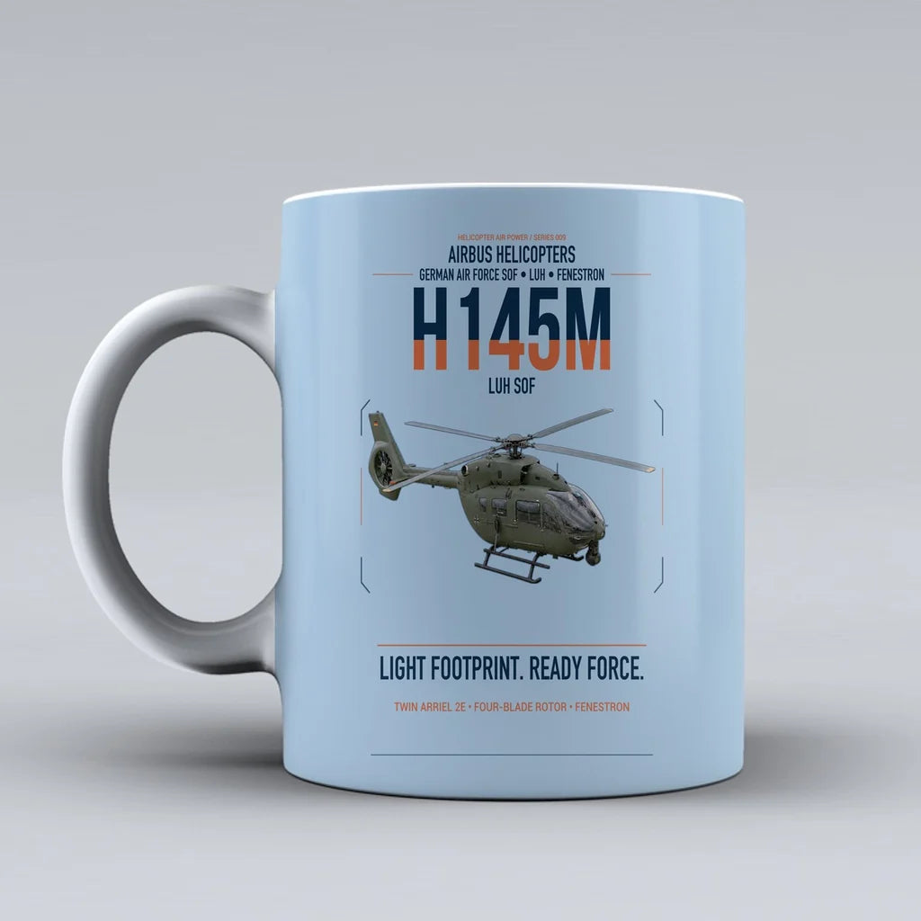 Airbus Helicopters H145M LUH SOF design on light blue ceramic mug, double-side print