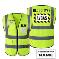 Thumbnail for Blood Type AVGAS aviation design printed on high-visibility reflective fabric reflective vest.