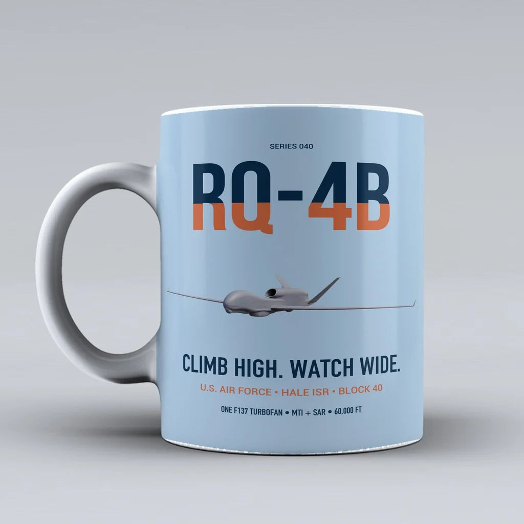 RQ-4B Global Hawk design on light blue ceramic mug, double-side print