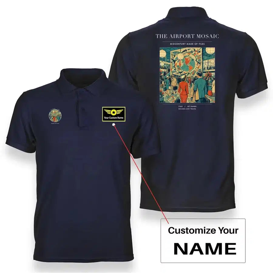 VINTAGE G4132 - The Airport Mosaic - Double-Side Polo T-Shirt design on navyblue+name