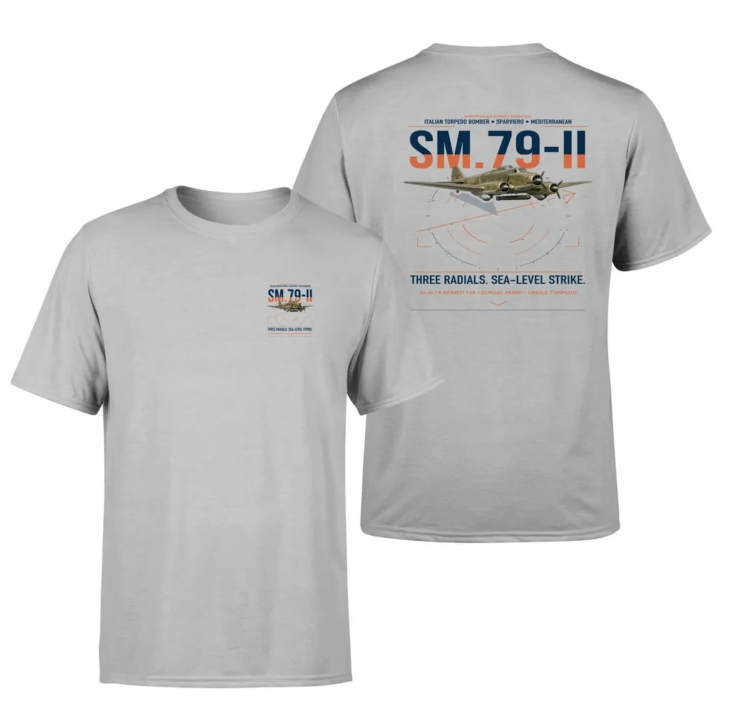 Savoia-Marchetti SM.79-II Sparviero design on light gray t-shirt, double-side print