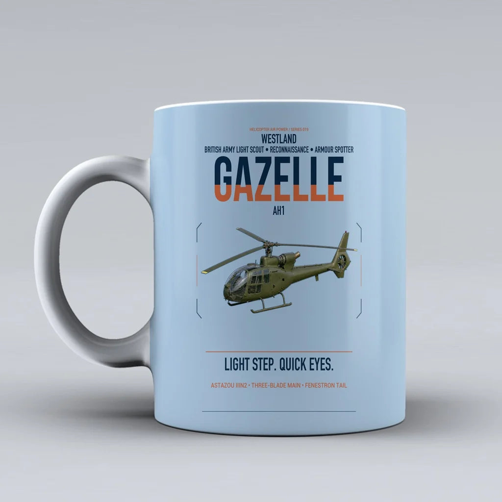 Westland Gazelle AH1 design on light blue ceramic mug, double-side print