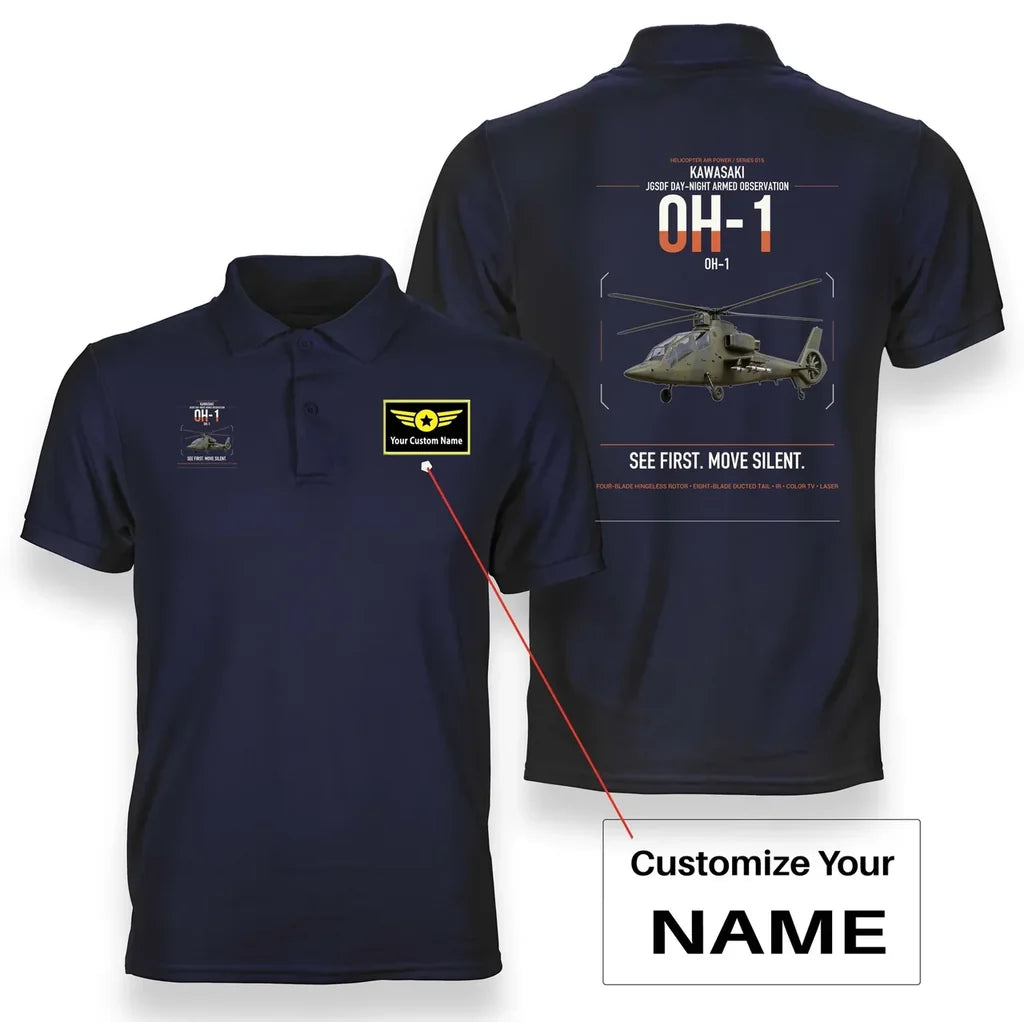 Kawasaki OH-1 design on navy blue+name double-side polo t-shirt, double-side print