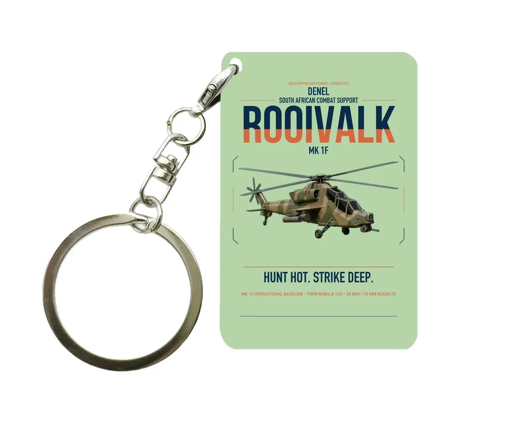 Denel Rooivalk Mk 1F design on light green designed key chain, double-side print
