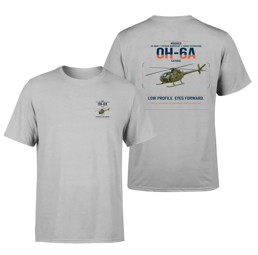 Hughes OH-6A Cayuse design on light gray t-shirt, double-side print