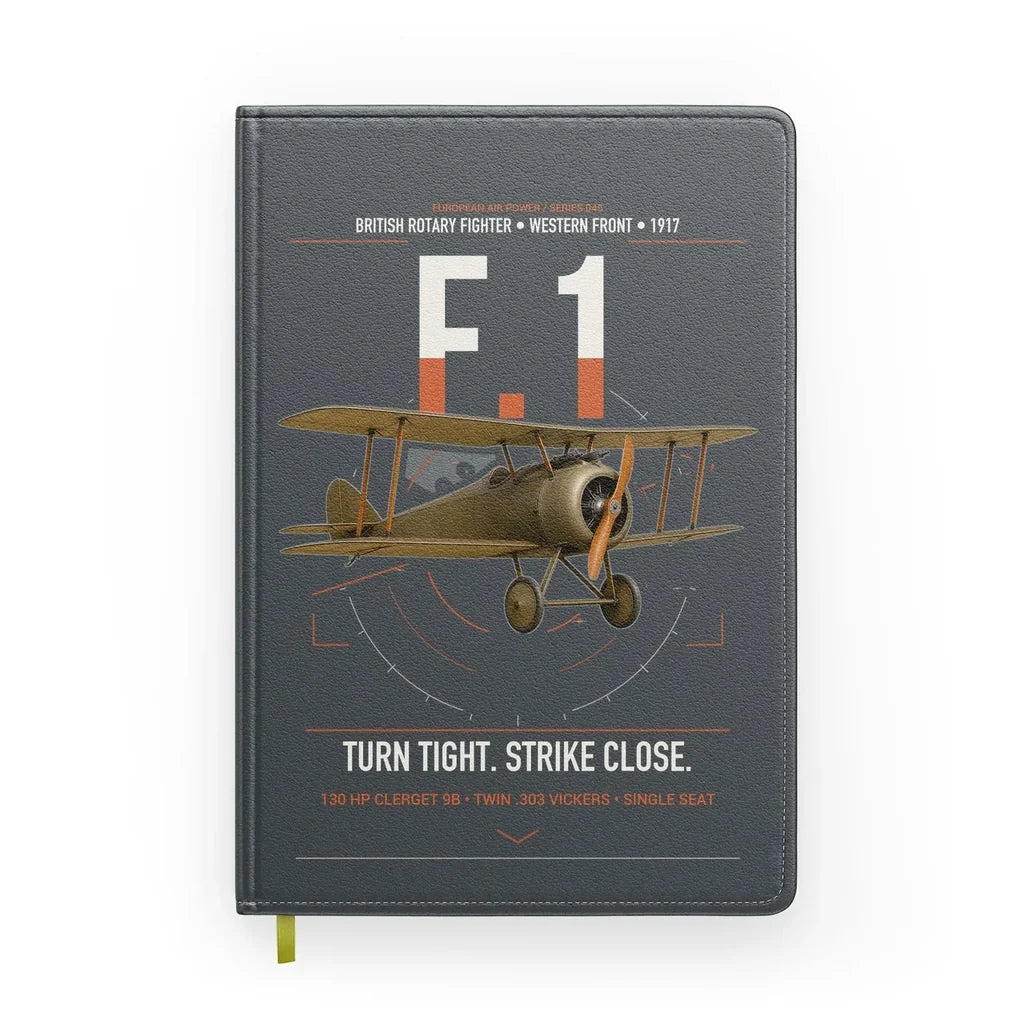 Sopwith Camel F.1 design on gray notebook