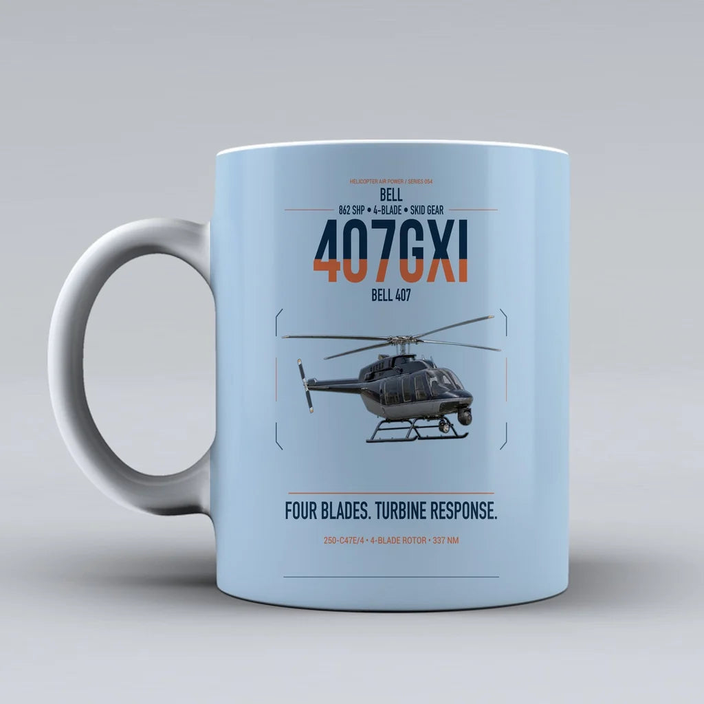 Bell 407GXi design on light blue ceramic mug, double-side print
