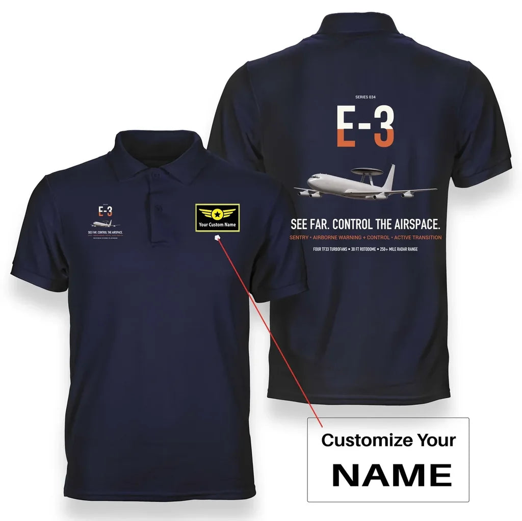 E-3 Sentry AWACS design on navy blue+name double-side polo t-shirt, double-side print
