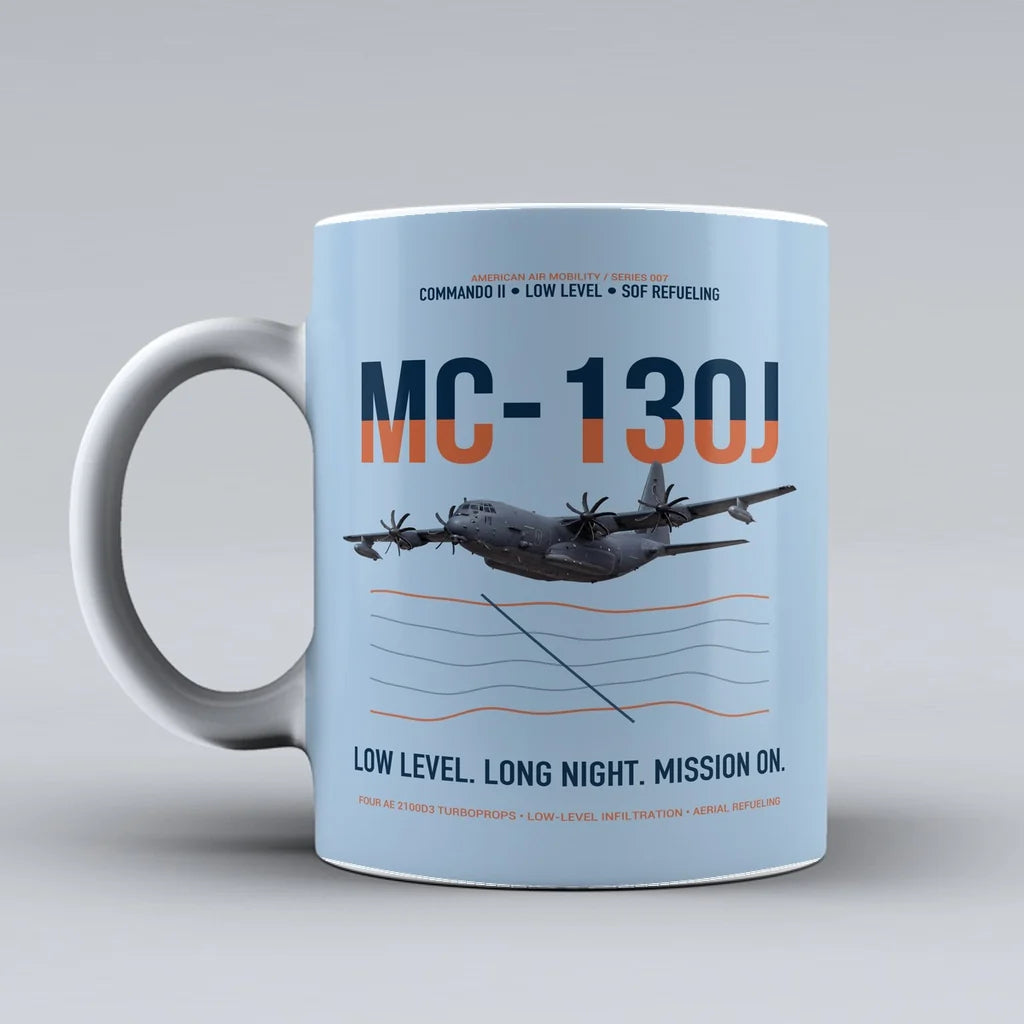 MC-130J COMMANDO II design on light blue ceramic mug, double-side print