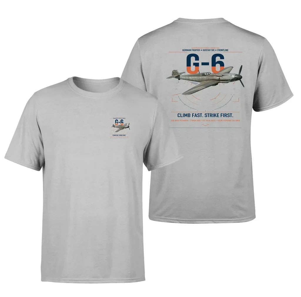 Messerschmitt Bf 109G-6 design on light gray t-shirt, double-side print