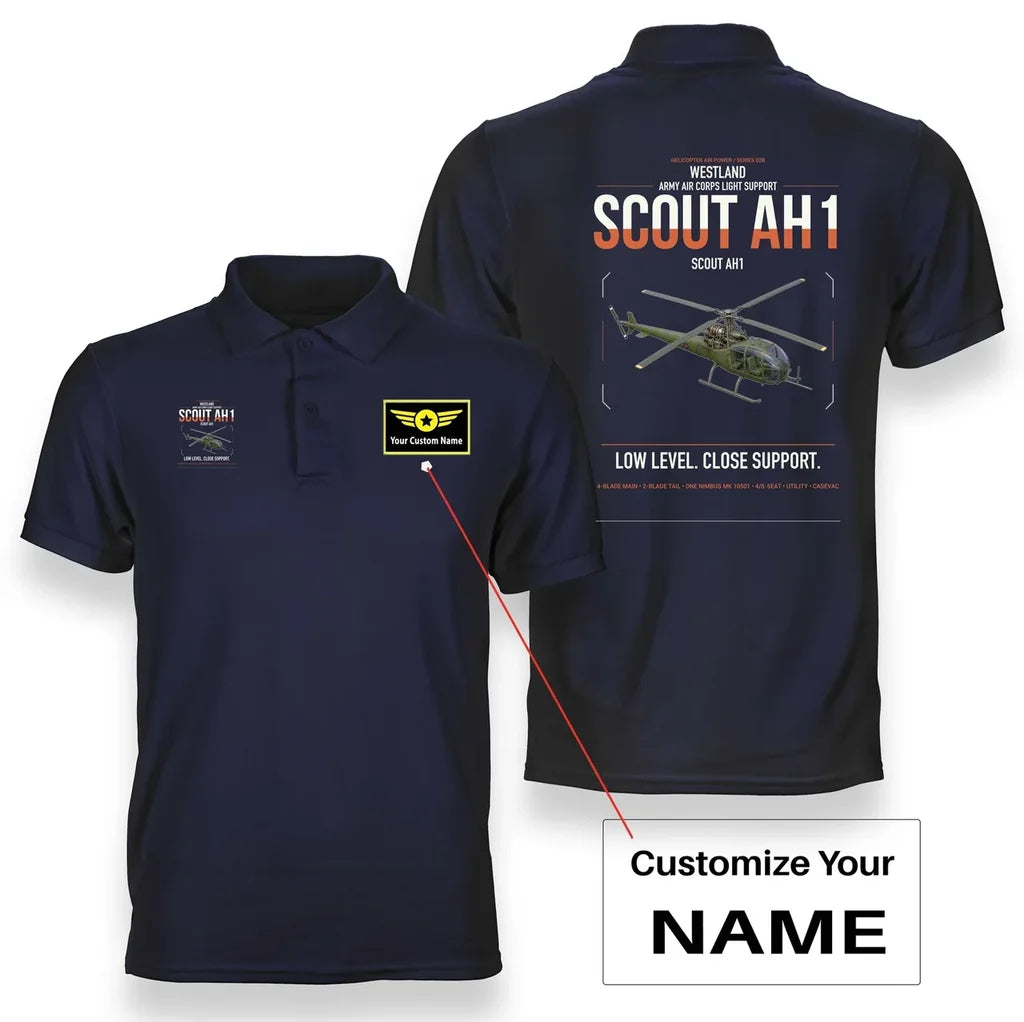 Westland Scout AH1 design on navy blue+name double-side polo t-shirt, double-side print