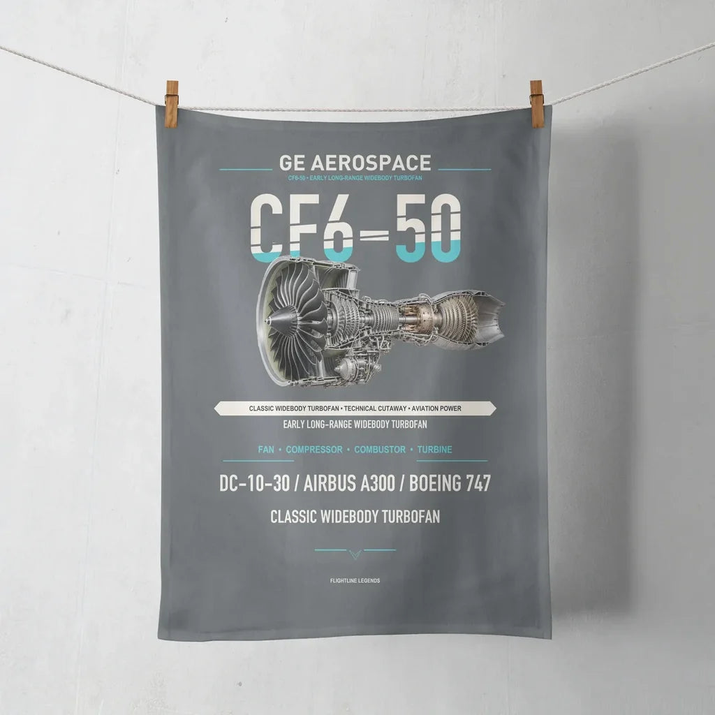 CF6-50 design on gray towel