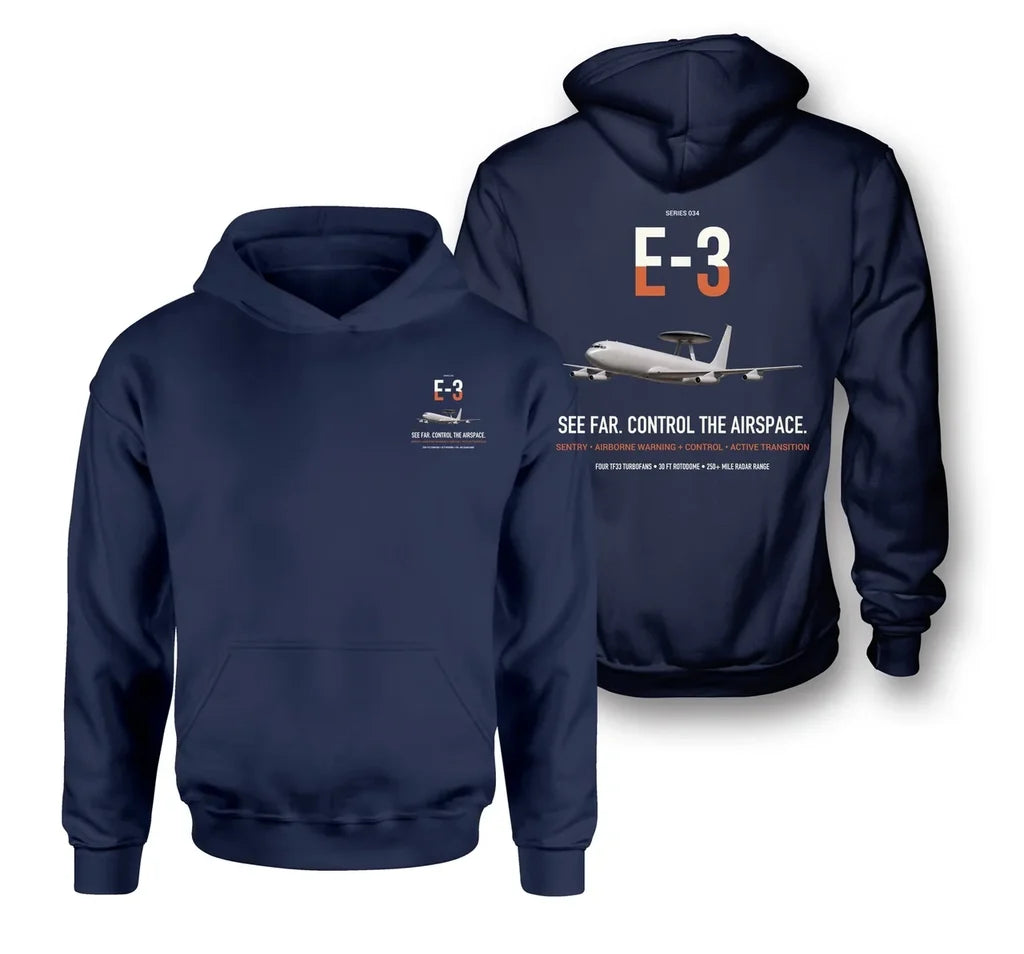 E-3 Sentry AWACS design on navy blue double-side hoodie, double-side print