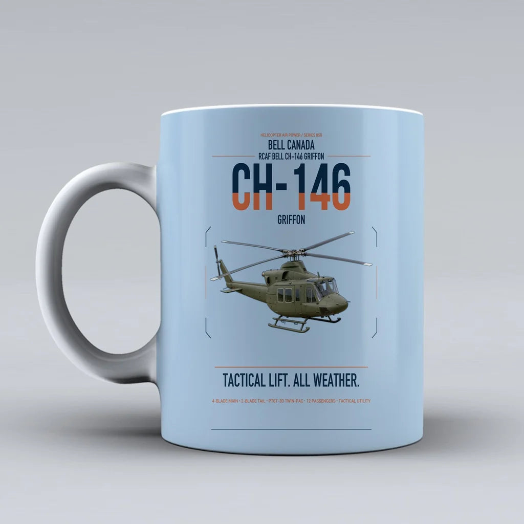 Bell Canada CH-146 Griffon design on light blue ceramic mug, double-side print