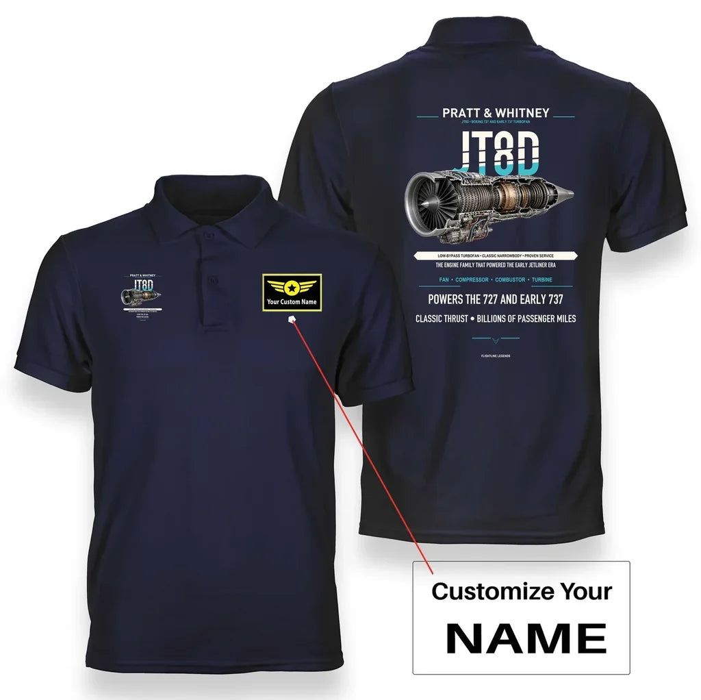 JT8D design on navy blue polo with custom name badge