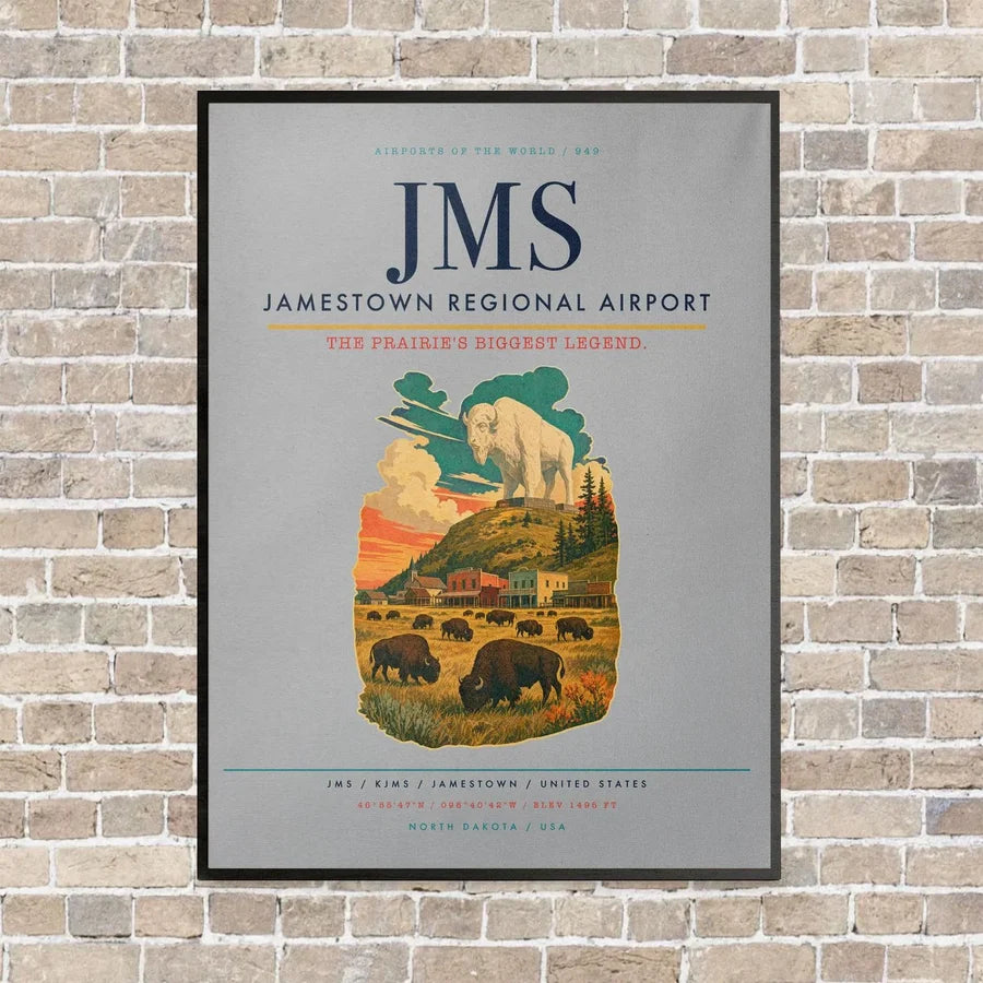 Jamestown Regional Airport JMS vertical canvas print - framed - light gray background