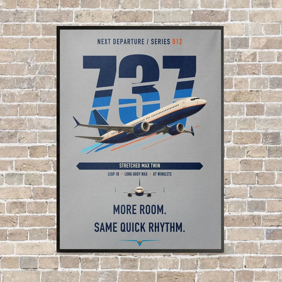 Boeing 737 MAX 9 vertical canvas print - framed - light gray background