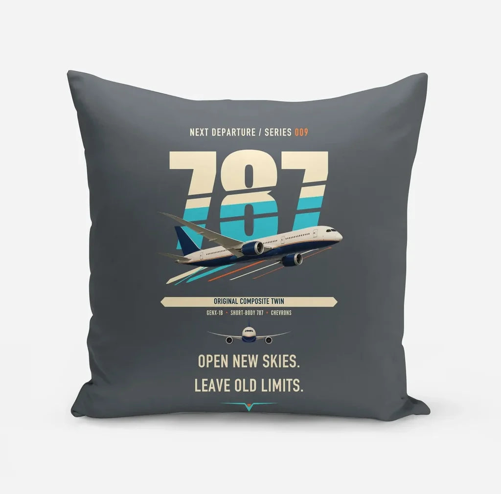Boeing 787-8 Dreamliner design on gray pillow