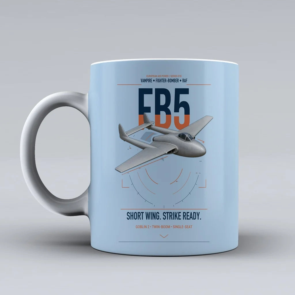 de Havilland Vampire FB5 design on light blue ceramic mug, double-side print