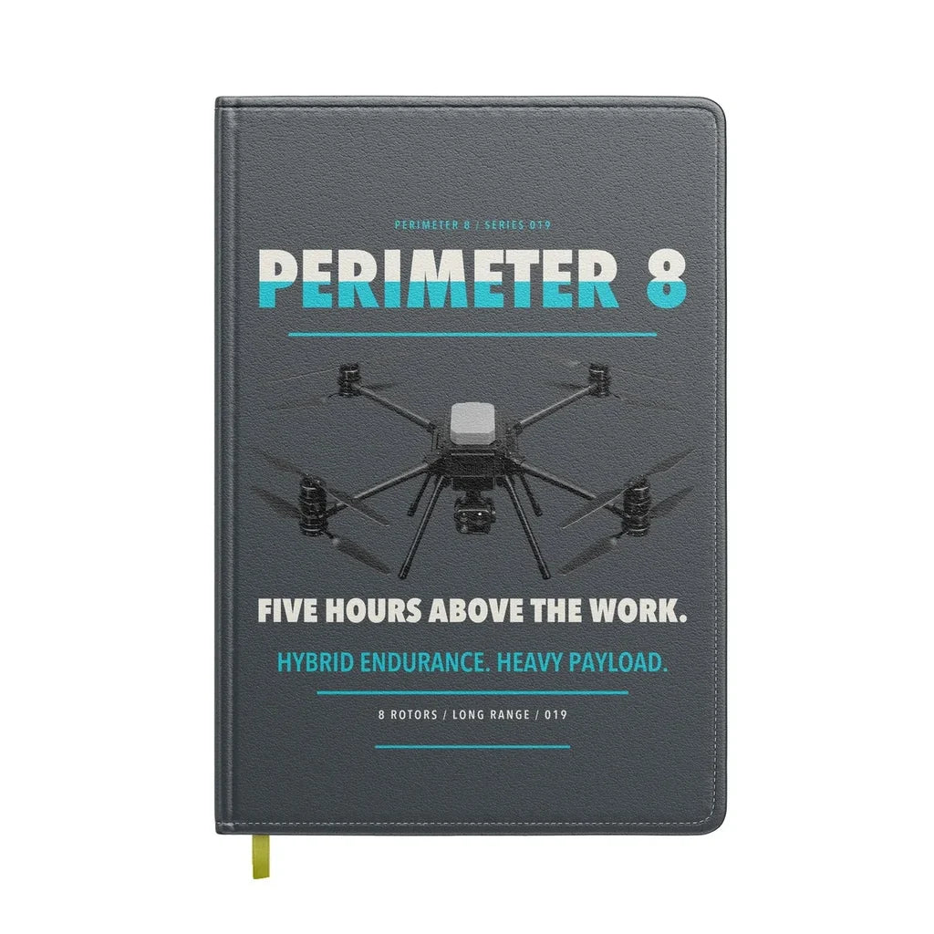 Skyfront Perimeter 8 design on gray notebook