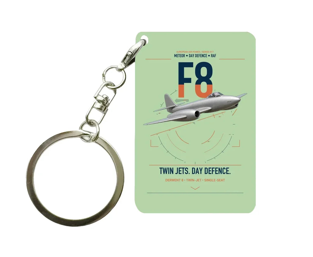 Gloster Meteor F8 design on light green designed key chain, double-side print