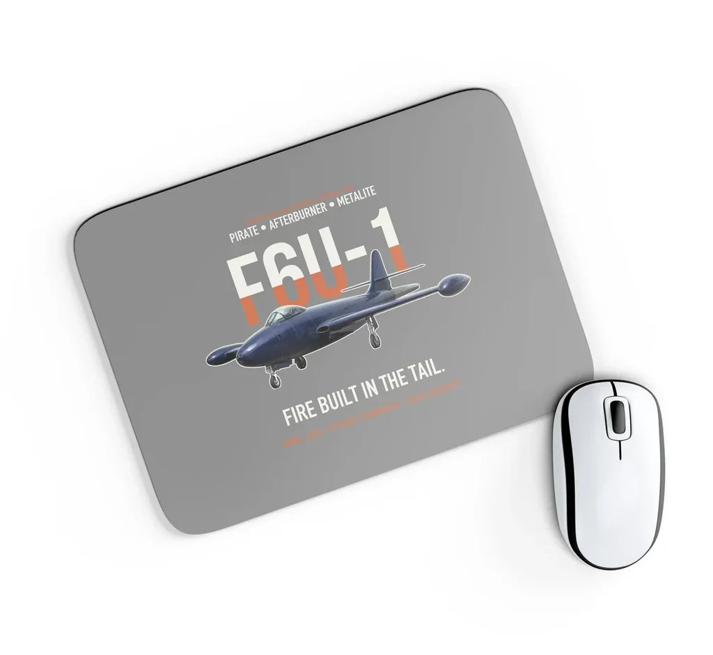 F6U-1 Pirate Fire Built in the Tail design on gray rectangle mouse pad