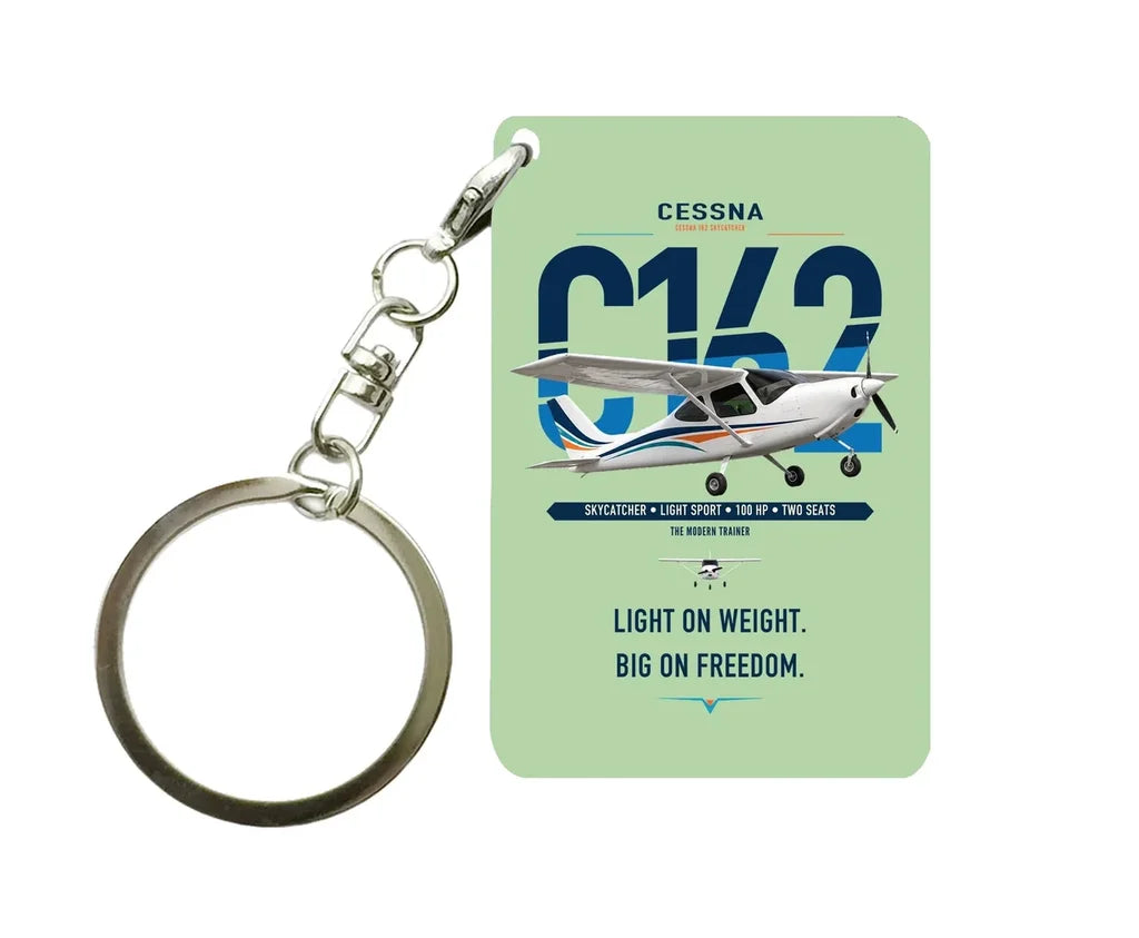 Cessna 162 Skycatcher design on light green designed key chain, double-side print